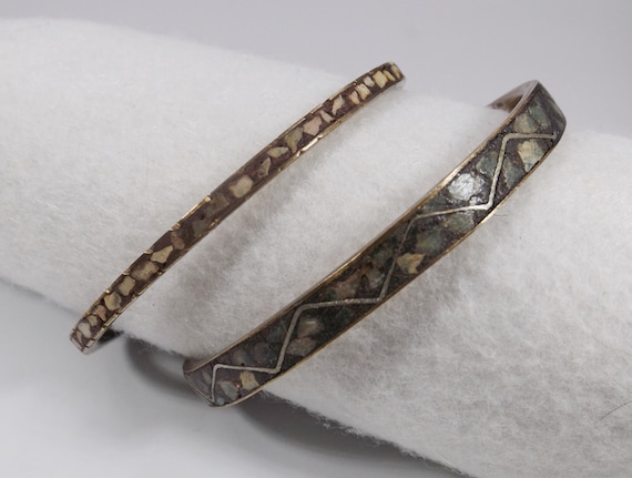Set of Two (2) Very Vintage Stone Inlay Brass Ban… - image 1