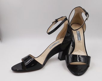 PRADA Black Patent Ankle Strap Sandals Italy Size 38 US Size 7