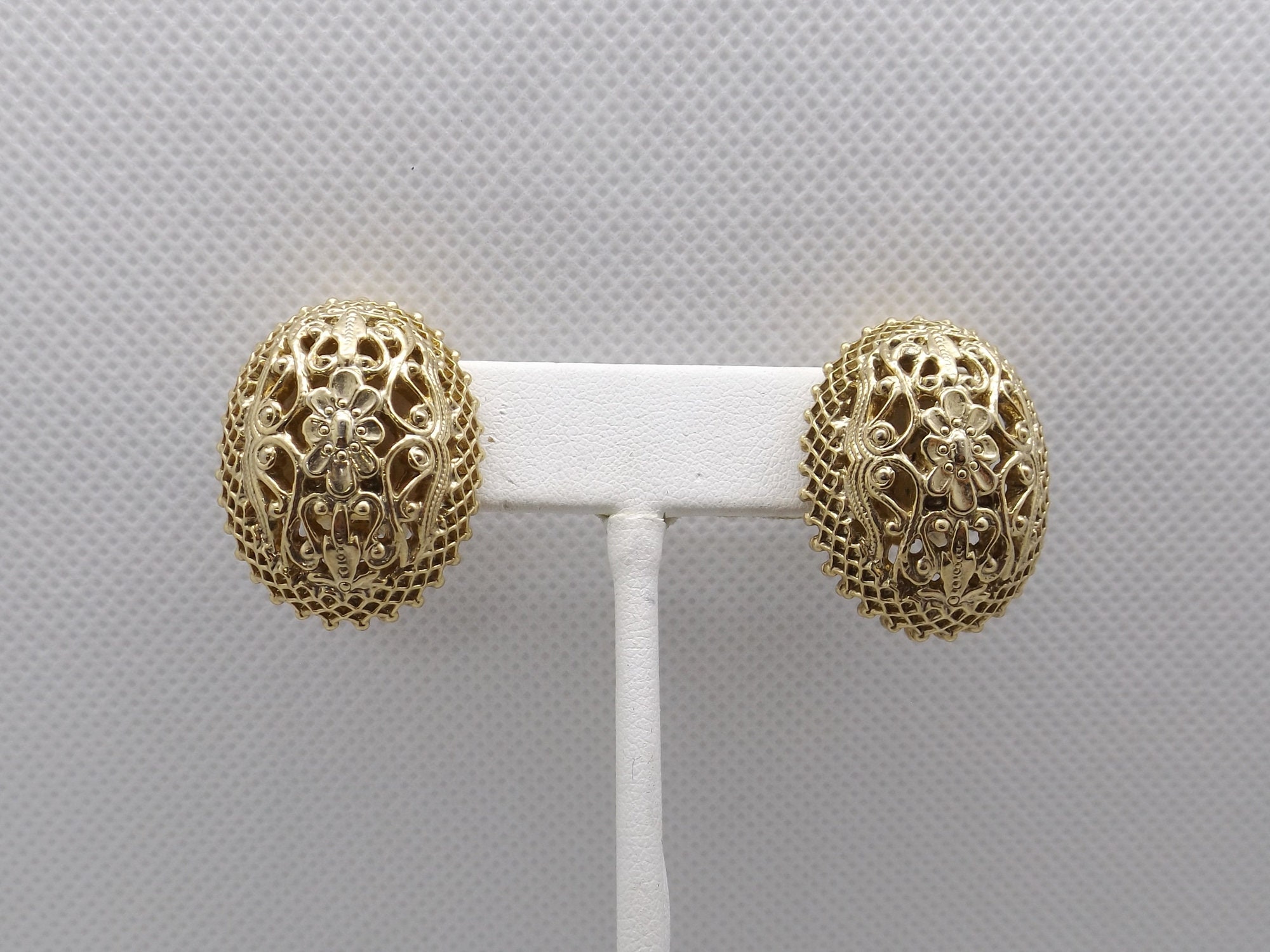 Gold Filigree Domed Oval Clip On Earrings