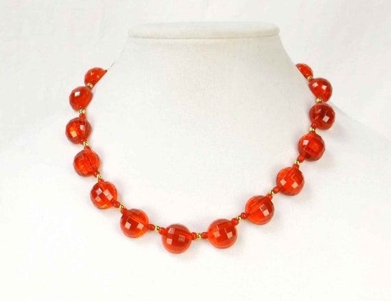 Checkerboard Cut Translucent Red Glass Bead Neckl… - image 1