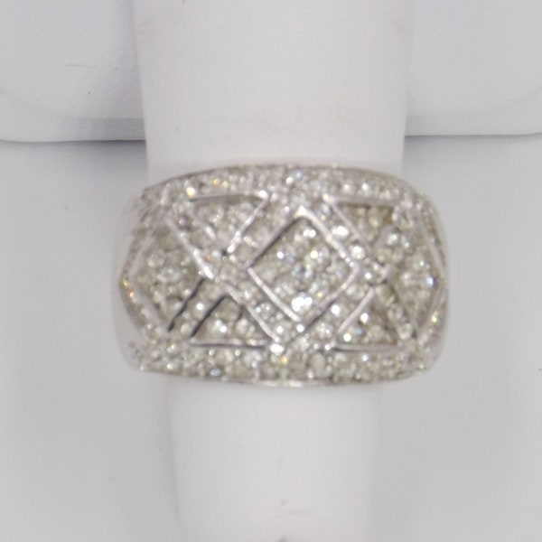 Wide Band Silver Tone Ring Encrusted Faux Diamonds US Size 5.25