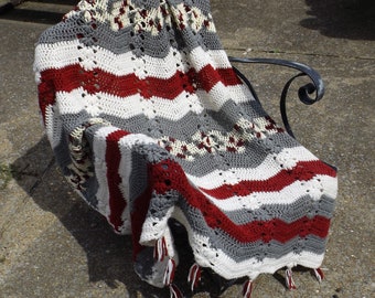 Maroon Gray and White Crocheted Afghan