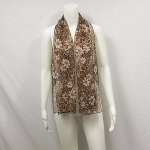 Long Brown Floral Chiffon Scarf
