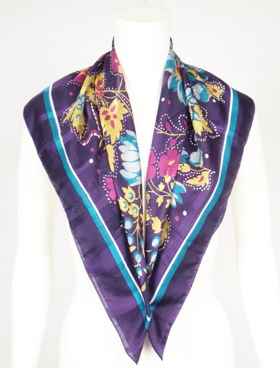 Floral Print Over Purple 30" Square Scarf - image 3