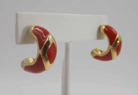 Red Enamel on Gold Tone Half Hoop Post Earrings - image 3