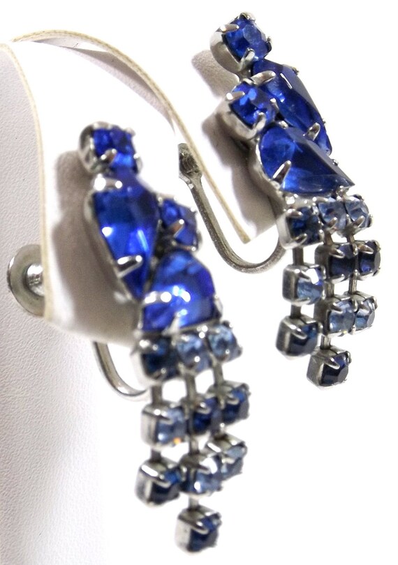 Blue Rhinestone Dangle Screw Back Earrings - image 4