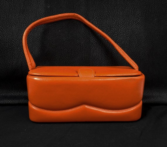 1960's Orange Leather Box Style Handbag Purse