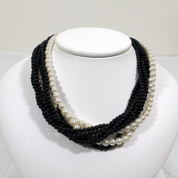White Faux Pearl and Black Glass Bead Necklace