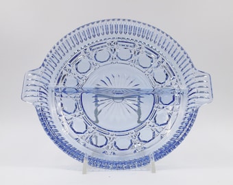 INDIANA GLASS Blue Windsor Cane & Buttons Divided Relish Dish