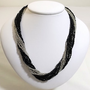 Black and Clear Seed Bead Torsade Necklace