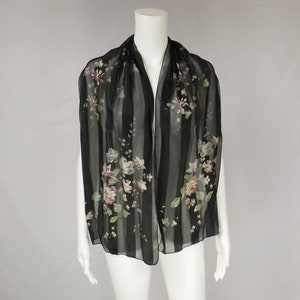 Floral Print Over Black Long Rectangle Scarf