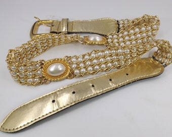 Gold Tone Multi Layer Chain Belt Faux Pearl Rhinestone 