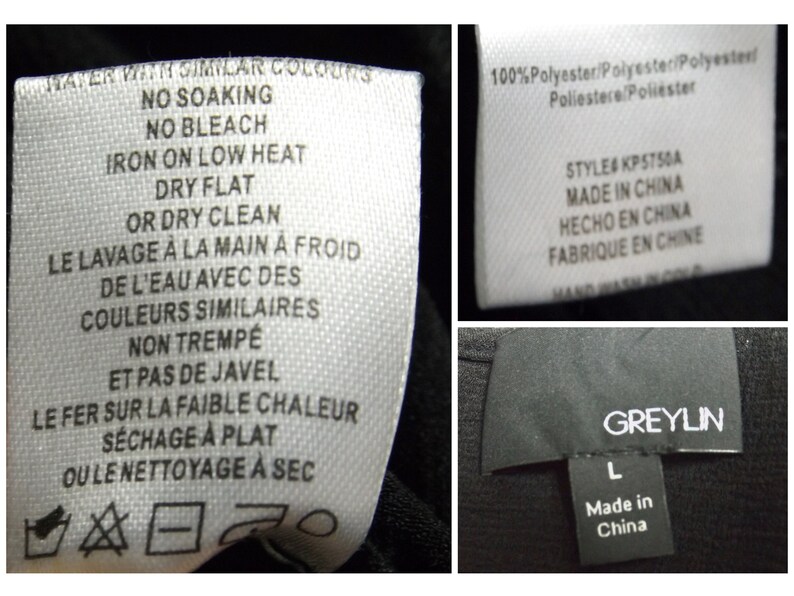 May include: White care label with instructions for washing and drying a garment in English and French. The label also includes a symbol for dry cleaning. The label is attached to a black garment with a black tag that says "GREYLIN" and "Made in China".