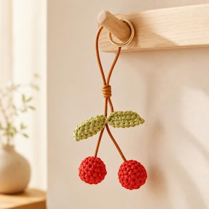 Woven Raffia Cherry Accessory, Red Fruit Accent with Green Leaves