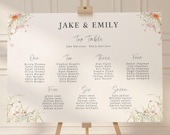 Plano de mesas para bodas con diseño floral, cartel personalizado para la distribución de mesas, diagrama de asientos floral, cartel de asientos para bodas, señalización para bodas.