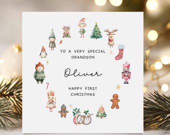 Primera Navidad del nieto, tarjeta navideña personalizada para bebé, diseño de personajes festivos, de los abuelos, recuerdo.