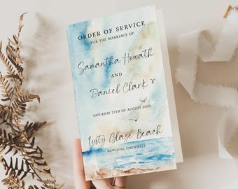 Folleto de programa de ceremonia de boda con temática marina, programa de ceremonia de boda costera, cronograma de boda en la playa, papelería de boda con acuarelas oceánicas