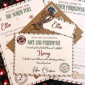 May include: A Nice List Certificate featuring red and green striped borders, the text Official North Pole Documentation, and a Santa Claus approved stamp. It includes a brown envelope with a red and green twine tie and a name tag labelled Ella.