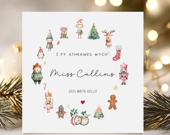 Tarjeta de Navidad del maestro galés, Navidad Cymraeg personalizada, Gracias Athrawes, Nadolig Llawen