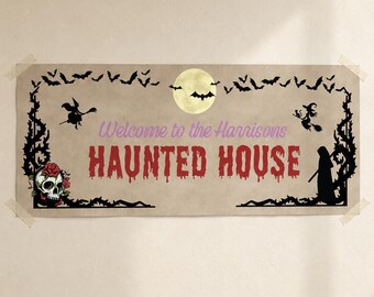Pancarta personalizada de Halloween, cartel familiar personalizado de casa embrujada, decoración de fiesta grande impresa con efecto kraft
