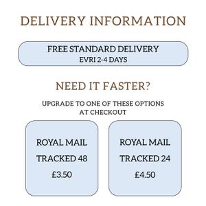 May include: A graphic display with brown text reading DELIVERY INFORMATION, FREE STANDARD DELIVERY EVRI 2-4 DAYS, NEED IT FASTER?, UPGRADE TO ONE OF THESE OPTIONS AT CHECKOUT, ROYAL MAIL TRACKED 48, and ROYAL MAIL TRACKED 24 on light blue backgrounds.