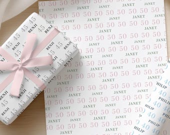 Papel de regalo personalizado para cumpleaños, envoltorio de regalo con nombre y edad, envoltorio de regalo para cumpleaños importantes, envoltorio de regalo personalizado para cualquier edad.