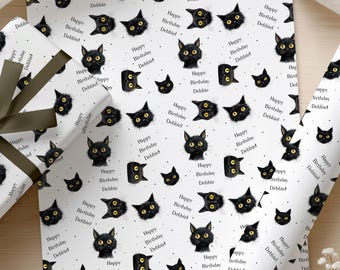 Papel de regalo personalizado con diseño de gato negro, papel de regalo personalizado para cumpleaños de gatos, papel de regalo para amantes de los gatos, papel de regalo con cualquier nombre para cumpleaños.