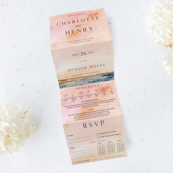 Concertina Coastal Beach Wedding Invitation, Watercolour Ocean Wedding Stationery, Sunset Beach, Destination or Coastal Wedding, Ocean Blush
