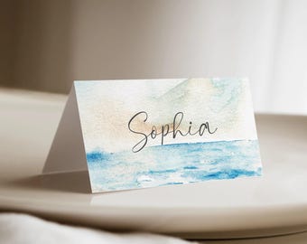 Tarjetas de mesa para bodas con paisajes marinos, tarjetas de mesa para bodas en la playa, papelería de boda con acuarelas oceánicas, tarjetas de mesa personalizadas para invitados.