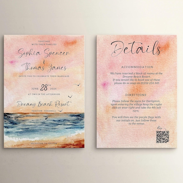 Ocean Blush Beach Wedding Invitation, Double Sided Printed Invite, Sunset Beach Watercolour Wedding, Blush Theme