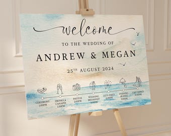 Cartel de bienvenida para boda con paisaje marino: acuarela costera con programa, boda en la playa