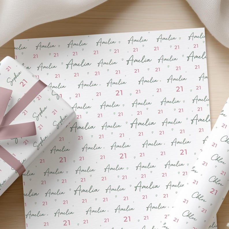 May include: White wrapping paper with a repeating pattern of the name "Amelia" and the number "21" in a handwritten style. A wrapped gift with a pink ribbon is visible on the left.