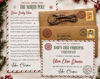 La primera carta navideña del bebé de Papá Noel, carta personalizada de Santa Claus, certificado de la lista de niños buenos, carta del Polo Norte.