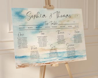 Plano de mesas para boda con temática marina: diseño de acuarela playera, plano de asientos.