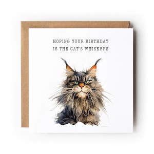 Peut inclure: Une carte de vœux carrée à fond blanc avec une illustration à l'aquarelle d'un chat Maine Coon gris et brun au pelage ébouriffé et aux yeux verts. Le texte au-dessus du chat indique : HOPING YOUR BIRTHDAY IS THE CAT'S WHISKERS. Enveloppe brune incluse.