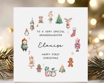 Tarjeta de Navidad para la primera nieta, tarjeta navideña personalizada para bebé, diseño de personajes festivos, de los abuelos, recuerdo.