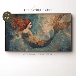 May include: A rectangular wall art piece featuring an oil painting of a mermaid with flowing red hair and a dark tail, set against a textured blue and cream background. The text THE GATHER HOUSE, TV ART, and TIME TO CELEBRATE, TIME TO GATHER are visible.