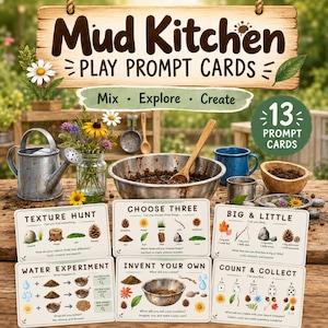 May include: A set of 13 Mud Kitchen Play Prompt Cards featuring educational activities for outdoor nature play. The cards display illustrations of natural items like pinecones, leaves, and stones, with text prompts for counting, texture hunts, and experiments.