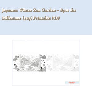 Puede incluir: Un PDF imprimible titulado Japanese Winter Zen Garden - Spot the Difference (#07) que presenta dos ilustraciones en blanco y negro lado a lado de una escena de jardín con árboles, montañas y un sol, incluyendo un botón View Answer.