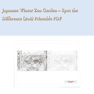 Puede incluir: Un PDF imprimible titulado Japanese Winter Zen Garden – Spot the Difference (#08) que presenta dos ilustraciones en blanco y negro lado a lado de un paisaje invernal con árboles, montañas y una mesa pequeña, incluyendo un botón de View Answer.