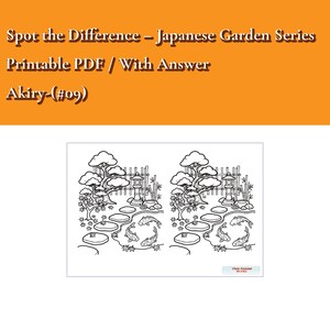 Könnte beinhalten: Ein druckbares PDF-Suchbild mit dem Titel Spot the Difference – Japanese Garden Series, Akiry-(#09). Die Seite zeigt zwei identische schwarz-weiße Strichzeichnungen eines japanischen Gartens mit Koi-Fischen und einer Steinlaterne.