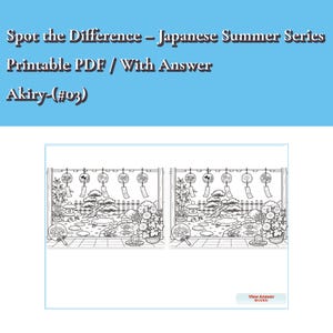 Könnte beinhalten: Ein druckbares PDF mit dem Titel Spot the Difference – Japanese Summer Series Akiry-(#03) with Answer. Das Dokument zeigt zwei nebeneinander liegende Schwarz-Weiß-Strichzeichnungen einer Gartenszene mit Windspielen, einer Steinlaterne und Fischen.