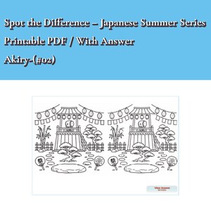 Könnte beinhalten: Ein druckbares PDF mit dem Titel Spot the Difference – Japanese Summer Series Akiry-(#02) mit zwei nebeneinander liegenden schwarz-weißen Strichzeichnungen einer japanischen Festivalszene mit Trommelturm, Laternen, Bambus und Bäumen.