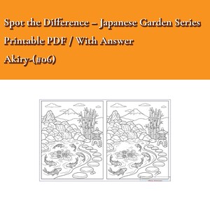 Könnte beinhalten: Ein druckbares PDF-Arbeitsblatt mit dem Titel Spot the Difference – Japanese Garden Series Akiry-(#06) inklusive Lösungsschlüssel. Das Dokument zeigt zwei nebeneinander liegende schwarz-weiße Strichzeichnungen eines japanischen Gartens mit Koi-Fischen.