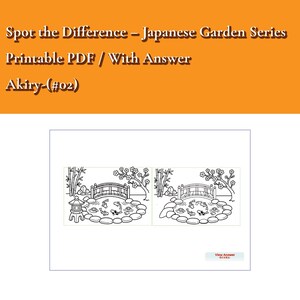 Könnte beinhalten: Ein druckbares PDF-Suchbild mit dem Titel Spot the Difference – Japanese Garden Series, Printable PDF / With Answer, Akiry-(#02). Es enthält zwei schwarz-weiße Strichzeichnungen eines Gartens mit einem Teich, einer Brücke und Fischen.