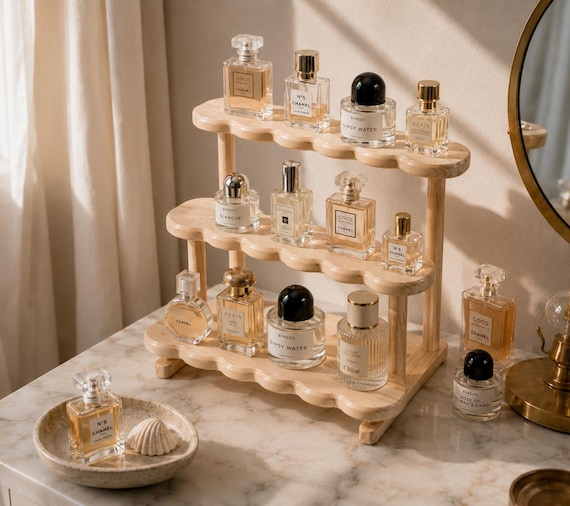 Perfume Organizer Stand, Wooden Display Shelf, Makeup Organizer, Figurine Display Shelf, Skincare Storage, Vanity Countertop Decor