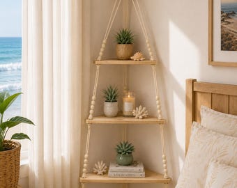 Boho Macrame Corner Shelf, Natural Wood Rope Wall Decor, Bohemian Bedroom Nursery Storage