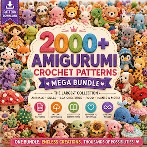 May include: A digital download bundle of 2000+ amigurumi crochet patterns featuring a large central label with text surrounded by numerous small, colourful crocheted figures including animals, dolls, sea creatures, food, and plants.