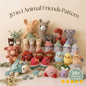 Puede incluir: Una colección de veinte figuras de animales tejidas a ganchillo, incluyendo un conejo, llama, oso, serpiente, tortuga y varias criaturas pequeñas. El texto 20 in 1 Animal Friends Pattern está arriba y una insignia 20+ Patterns Included abajo.