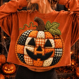 Patchwork Pumpkin PNG, Halloween Pumpkin Design, Quilted Jack O Lantern, Spooky Pumpkin Clipart, Fall Sublimation PNG